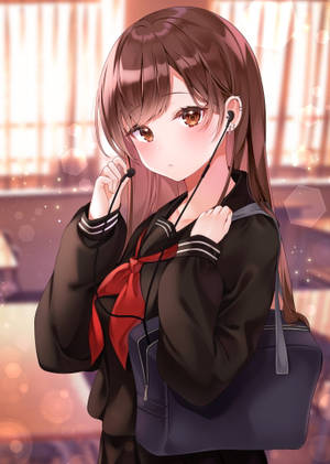 動漫女孩穿著校服，戴著紅色蝴蝶結和耳機，在室內拿著書包。 — 可愛動漫女孩 壁紙