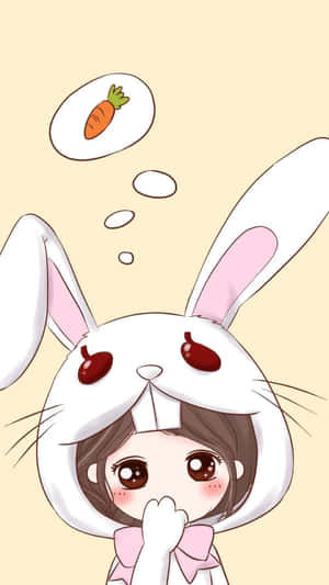 穿著兔子服裝的動漫女孩，臉紅、睜大眼睛想著胡蘿蔔。 — 美式卡通 壁紙