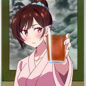 動漫女孩穿著粉紅色浴衣，在雨中室內害羞臉紅地拿著冰茶。 — Q版動漫 壁紙