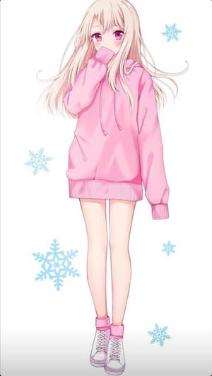 動漫女孩穿著粉紅色連帽衫，被雪花包圍。 — 可愛動漫女孩 壁紙