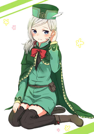 穿著綠色制服、繫著紅色蝴蝶結的動漫女孩盤腿坐著 — 華為Pura X Max 壁紙