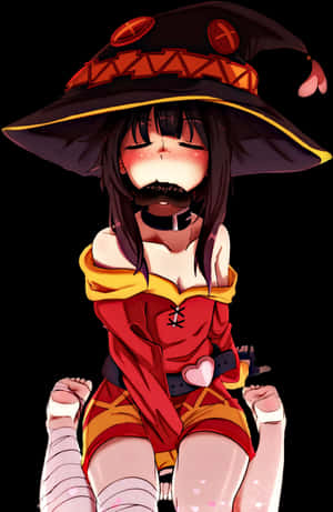 穿著紅色服裝、腿部纏有繃帶、腰帶扣為心形的動漫女巫。