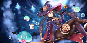 動漫女巫在星空下騎掃帚飛行，伴隨著幽靈和蝙蝠。 — 原神 壁紙
