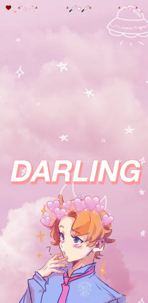 戴著心形皇冠的動漫男孩在粉紅色天空下微笑，天空有星星和「darling」文字 — 美學粉色GIF 壁紙