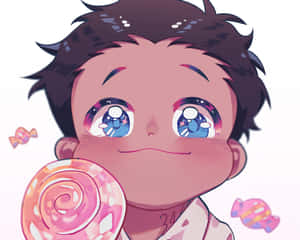 擁有銀河眼睛的動漫男孩拿著一個巨大的棒棒糖，周圍漂浮著糖果。 — 約定的夢幻島 壁紙
