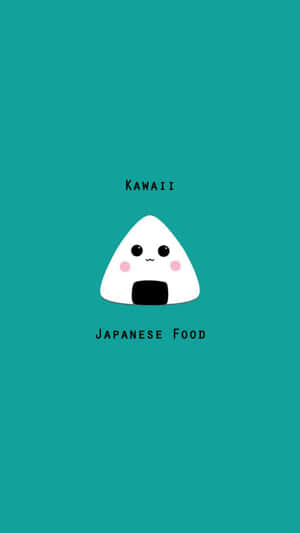 一個卡通飯糰，臉頰和嘴巴標有kawaii和日本料理，背景為青綠色 — 黒死牟 壁紙
