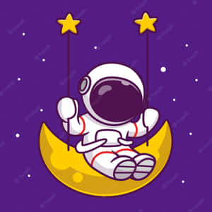 一個卡通太空人在紫色夜空中，在新月上於兩顆星星之間搖擺。 — 太空美學動圖 壁紙