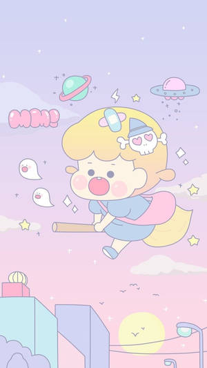 一個卡通女巫騎著掃帚飛過有星星和鬼魂的粉彩天空。