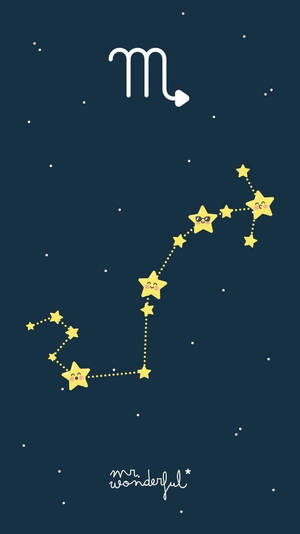可愛的卡通星座，在深藍色背景上有微笑的星星。 — 天蠍座美學 壁紙