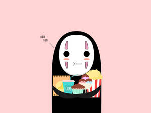 無臉男角色享受零食和飲料，帶有「nom nom」文字。 — 無臉男 壁紙