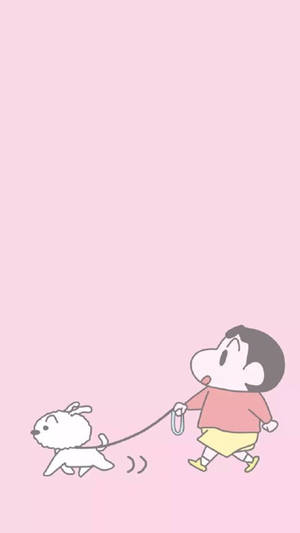 一個卡通男孩在粉紅色背景前用皮帶遛一隻小白狗。 — 極簡動畫 壁紙
