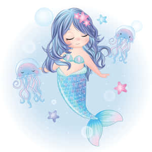 一個微笑的美人魚，藍色頭髮和尾巴，被水母和海星包圍在柔和的水下場景中。 — iPad Pro M4 壁紙