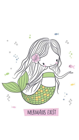 一個微笑的卡通美人魚，有綠色尾巴和頭髮上的粉紅色花朵。 — 美人魚 壁紙