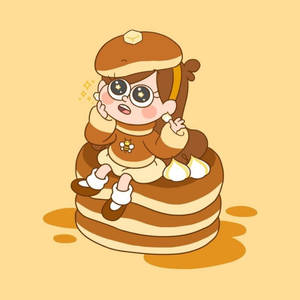 一個卡通蜜蜂角色坐在一堆有糖漿的鬆餅上。 — 民間藝術 壁紙