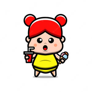 一個驚訝的卡通小孩，紅髮熊耳，拿著冰淇淋和飲料。 — 動畫女孩 壁紙