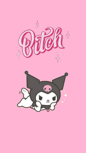 一個卡通角色頭上戴著骷髏，在「Bitch」字樣下躺著，伴有閃光。 — Pink Kawaii 壁紙
