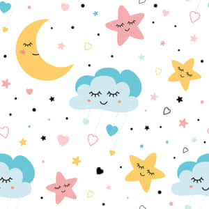 昏昏欲睡的月亮雲朵、星星和心形漂浮在粉彩天空上。 — 月光 壁紙