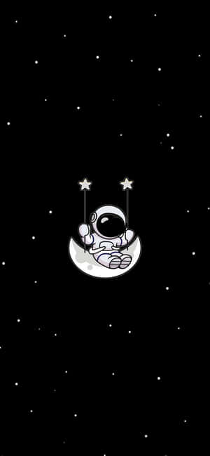 卡通太空人在繁星點點的夜空中盪著月亮鞦韆，周圍有星星。 — 簡約暗黑美學 壁紙