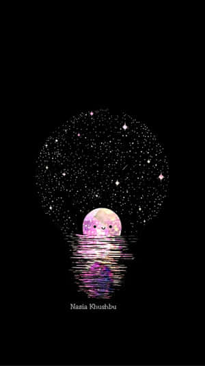 一個微笑的月亮帶有粉紅色和紫色色調，在星空下的水中反射。 — 可愛 壁紙