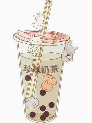 一個卡通泡泡茶杯，有兔子爬上蓋子並在裡面漂浮。 — 珍珠奶茶 壁紙
