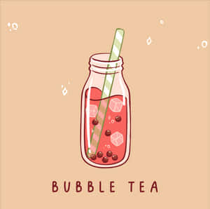 一個裝有粉紅色泡泡茶、冰塊和條紋吸管的玻璃罐。 — 珍珠奶茶 壁紙