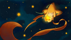 一個發光的星星生物帶著絲帶在星光燦爛的夜空中漂浮。 — 星星 壁紙