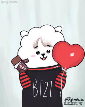 可愛的BT21熊拿著紅色心形氣球和巧克力棒。 — 笑臉 壁紙
