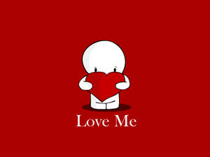 一個白色卡通人物在紅色背景上拿著一個帶有文字 Love Me 的紅心。 — 可愛情人節 壁紙