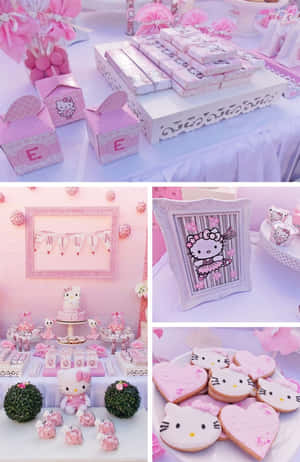 粉紅色Hello Kitty生日派對，配有主題餅乾、蛋糕和裝飾。 — 凱蒂貓 美學 GIF 壁紙