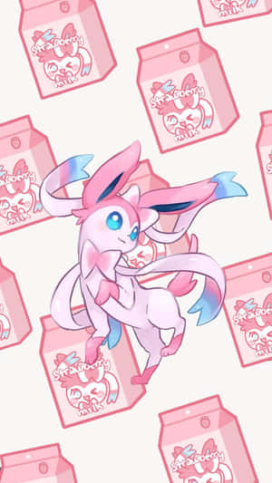 粉紅色動漫Sylveon在草莓牛奶盒之間跳躍。 — 可愛寶可夢 壁紙
