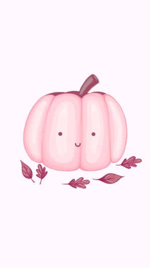 一個帶有微笑和紫色葉子的粉紅色卡通南瓜。 — 南瓜 壁紙