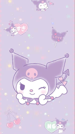 Kuromi 卡通角色在粉彩背景上與漂浮的愛心和星星一起眨眼。 — 庫洛米 壁紙