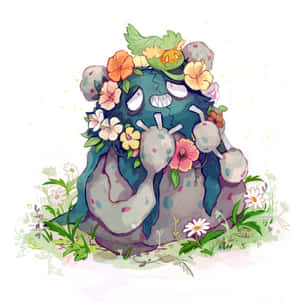 一個被花朵和葉子覆蓋的卡通生物坐在草地上。 — 高清 壁紙