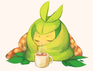 一個葉狀動漫生物被樹葉包裹著啜飲茶。 — 電玩遊戲 GIF 壁紙
