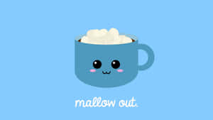 一個歡快的藍色馬克杯，帶有棉花糖和微笑的臉，說著 mallow out。 — 酷炫可爱 壁紙