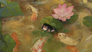 動漫女孩躲在睡蓮葉下，池塘裡有錦鯉和蓮花 — 湖泊 壁紙