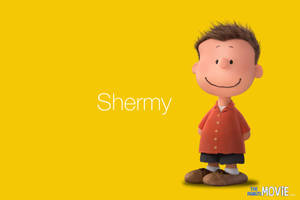 來自《The Peanuts Movie》的Shermy穿著紅色襯衫在黃色背景前微笑。 — 卡通 壁紙