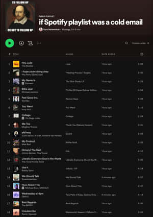 名為「if Spotify playlist was a cold email」的Spotify播放清單，附有莎士比亞肖像和歌曲列表。 — Spotify 壁紙