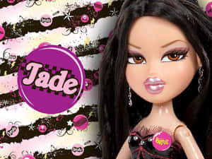 Bratz娃娃Jade，長黑髮和粉紅嘴唇，塗鴉背景。 — Bratz 美學 GIF 壁紙