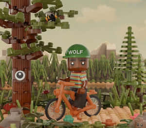 LEGO森林中，名為WOLF的LEGO人偶騎著橙色腳踏車，樹上有一隻眼睛。 — 樂高 壁紙