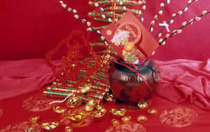 中國新年裝飾，包括紅包、金元寶和節日飾品，置於紅色布料上。 — 春節 壁紙