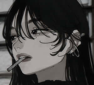 黑髮和穿環的動漫女孩在灰階中抽煙。 — 動漫女孩 壁紙
