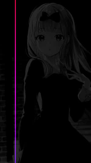 在磚牆發光霓虹燈條旁邊戴蝴蝶結的動漫女孩。 — 暗黑少女風 壁紙