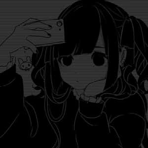 雙馬尾動漫女孩在單色線條藝術中用手機自拍。 — 暗黑動漫風格GIF 壁紙