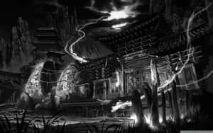 暴風雨的山夜中，閃電照亮了古老的日本寺廟遺跡。 — 黑色動畫gif 壁紙