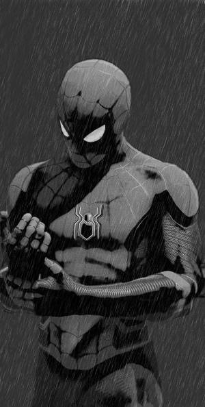 蜘蛛人在雨中，眼睛發光，身穿蜘蛛網戰衣 — 蜘蛛人 壁紙
