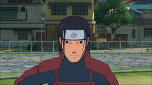 身穿紅色鎧甲的動漫忍者白天站在村莊街道上。 — 電玩遊戲 GIF 壁紙