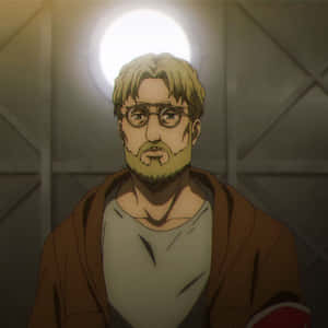 戴眼鏡和鬍鬚的動漫男人，在昏暗工業房間中明亮的燈光下。 — 進擊的巨人 角色 壁紙