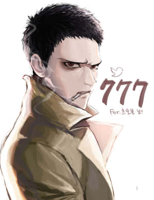 穿著棕褐色外套的動漫男人，表情嚴肅地抽煙。 — iPad 第9代 壁紙