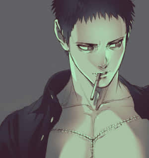 動漫男子嘴裡叼著香煙，軀幹有縫合痕跡，背景為灰色。 — Pixel 10 Pro Fold 壁紙